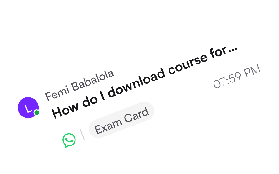 WhatsApp message from Femi Babalola about Exam Card